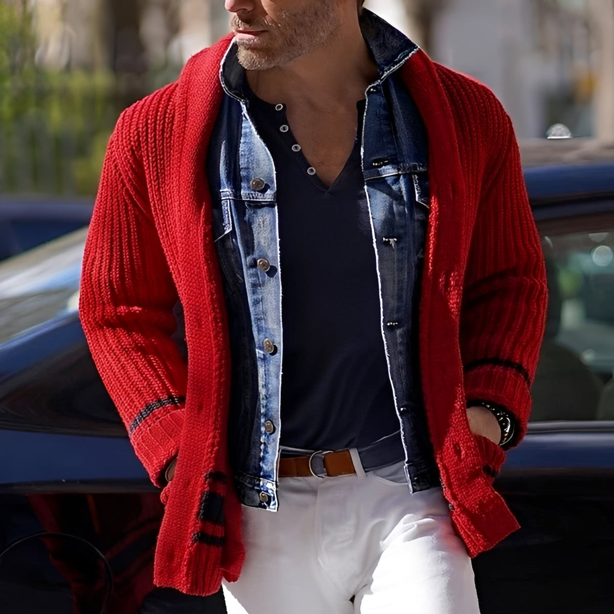 Herren Cardigan mit Shawl-Kragen, Einreiher, Slim Fit, Doppelbrusttaschen