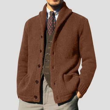 Herren Cardigan mit Shawl-Kragen und Knopfverschluss - mit Ellenbogen-Patches und lockerer Passform