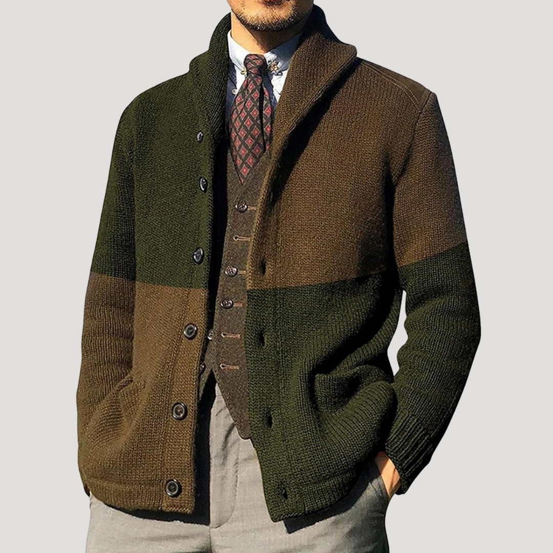 Herren Cardigan mit Shawl-Kragen und Knopfverschluss - mit Ellenbogen-Patches und lockerer Passform