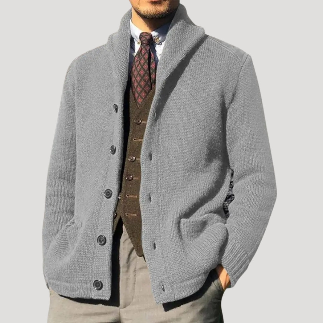 Herren Cardigan mit Shawl-Kragen und Knopfverschluss - mit Ellenbogen-Patches und lockerer Passform