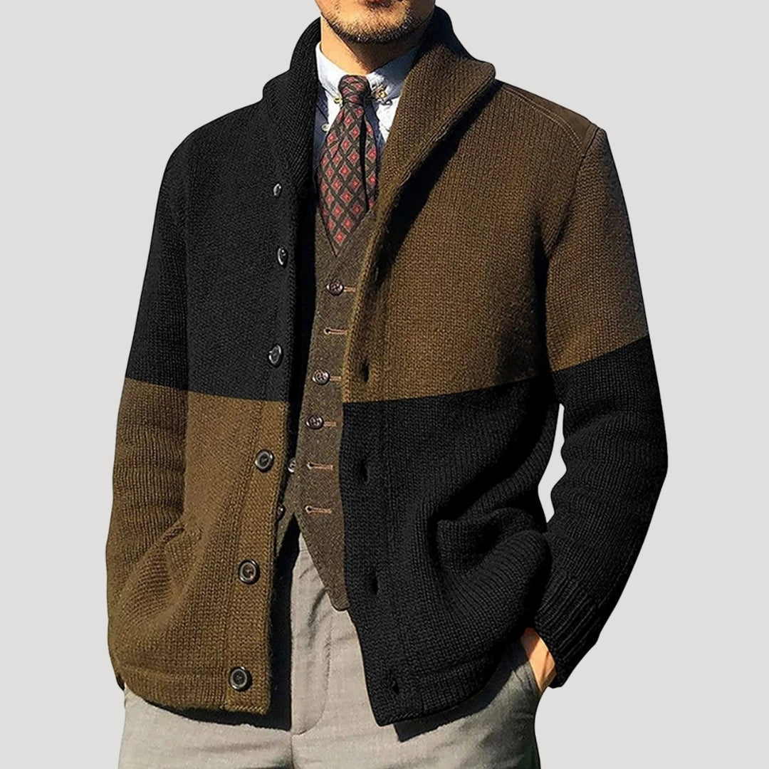 Herren Cardigan mit Shawl-Kragen und Knopfverschluss - mit Ellenbogen-Patches und lockerer Passform