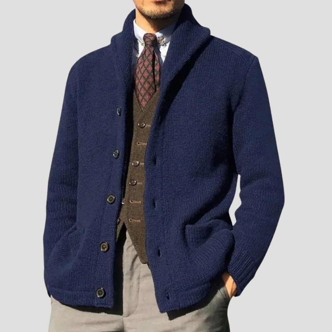 Herren Cardigan mit Shawl-Kragen und Knopfverschluss - mit Ellenbogen-Patches und lockerer Passform