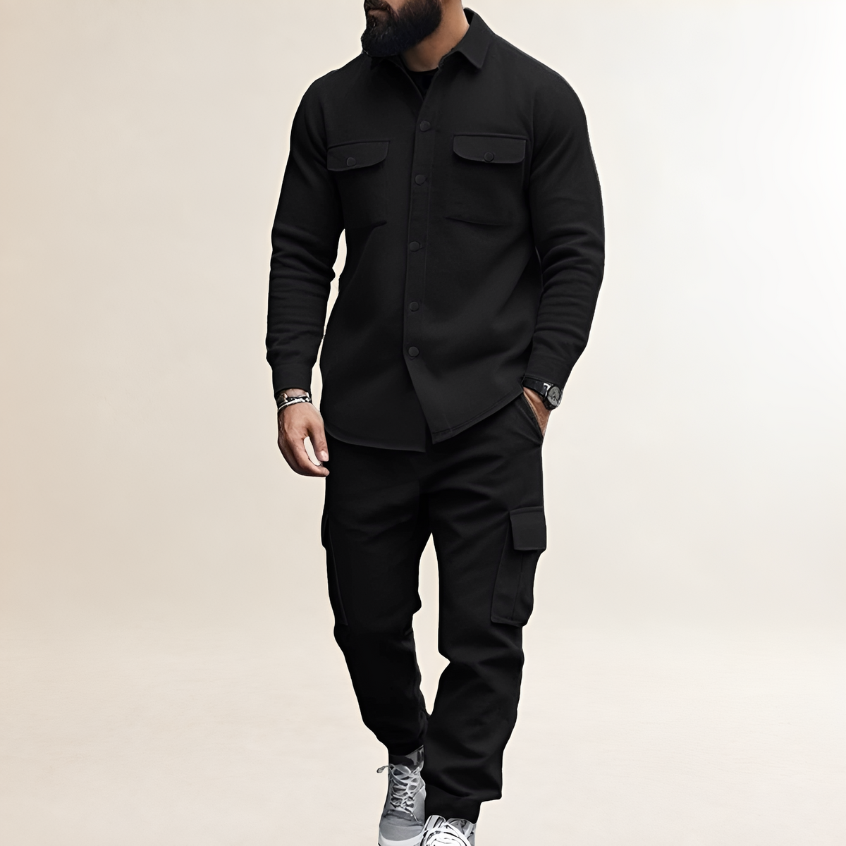 Herren Cargo Set mit Knopfverschluss Oberteil mit Brusttaschen und elastischer Bundhose