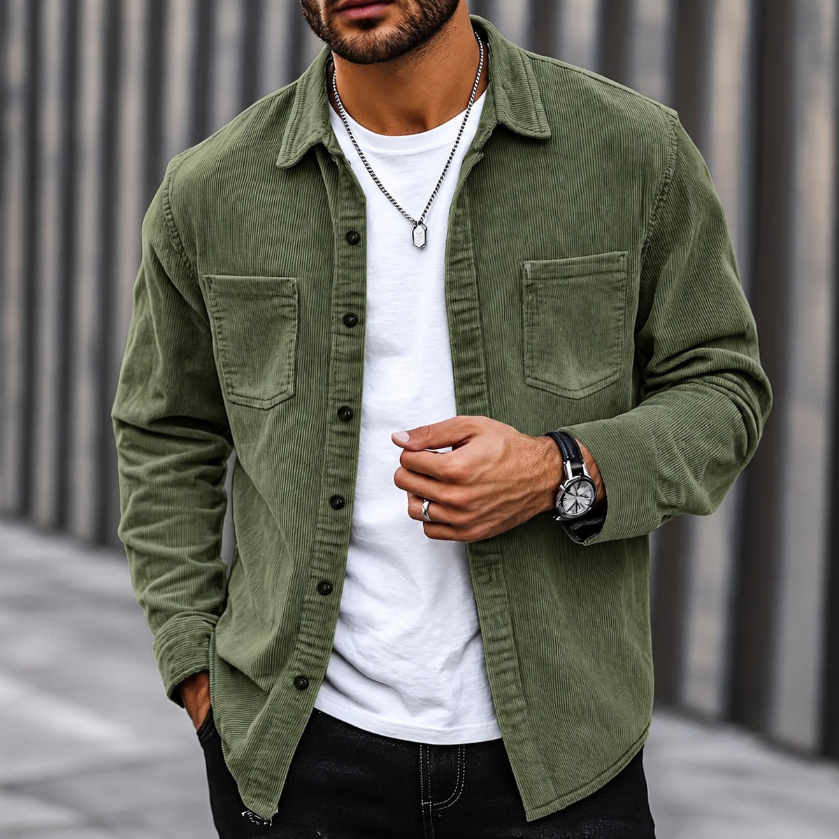 Herren Cordjacke Mit Knopfleiste, Klassischem Kragen und Zwei Brusttaschen