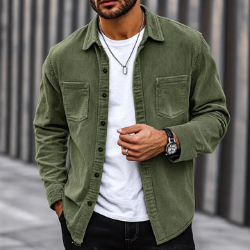 Herren Cordjacke Mit Knopfleiste, Klassischem Kragen und Zwei Brusttaschen