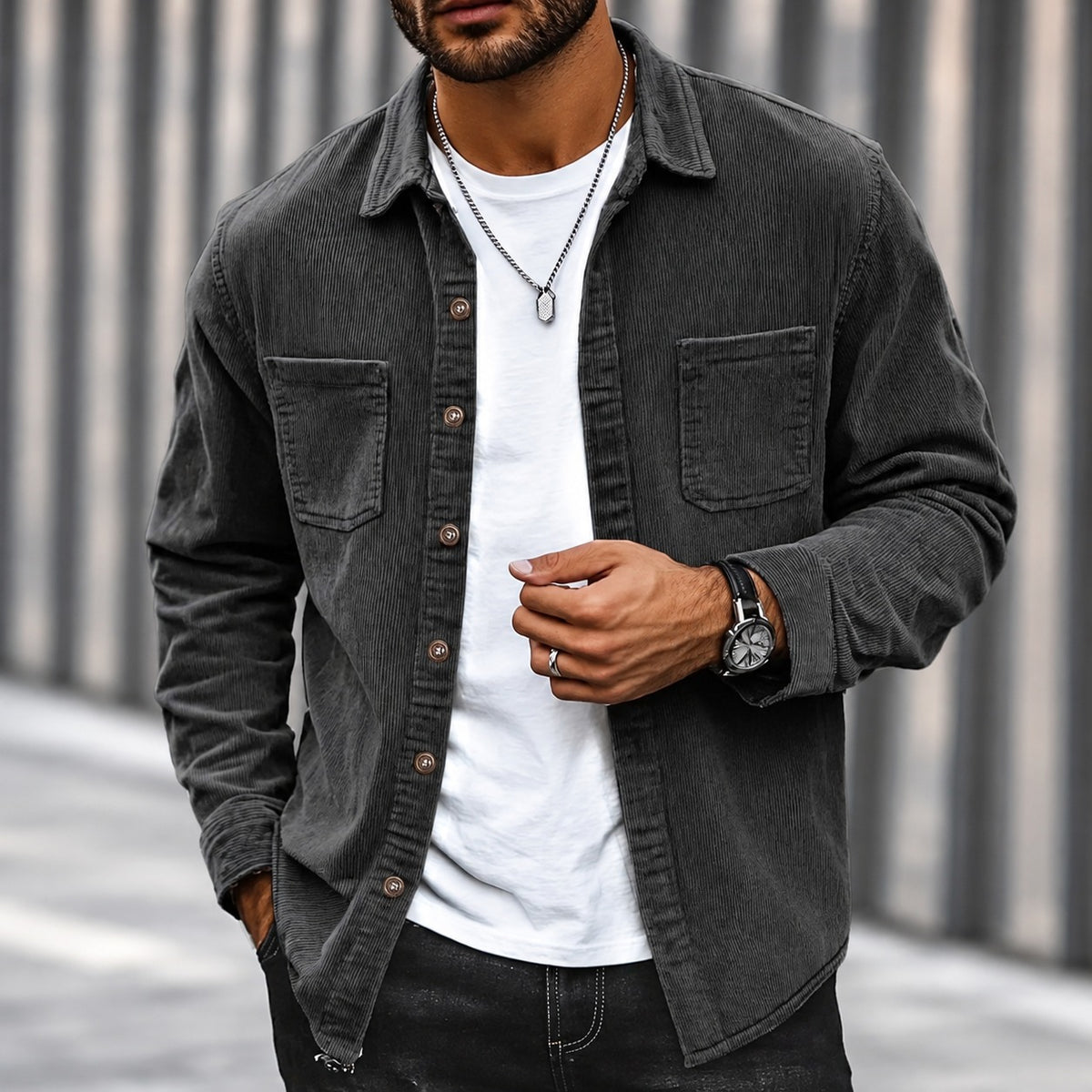 Herren Cordjacke Mit Knopfleiste, Klassischem Kragen und Zwei Brusttaschen