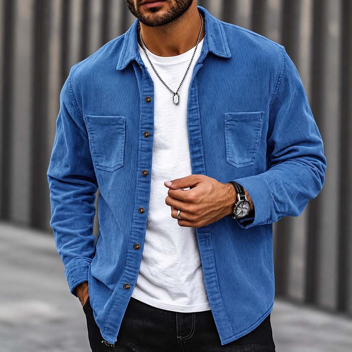 Herren Cordjacke Mit Knopfleiste, Klassischem Kragen und Zwei Brusttaschen