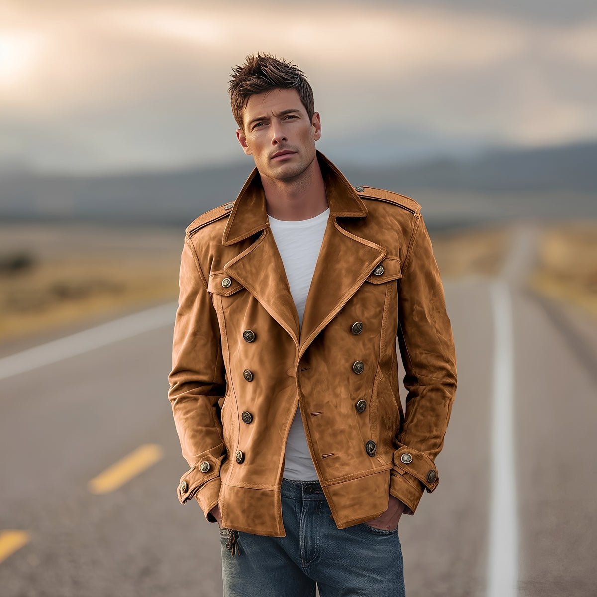 Herren Doppelt geknöpfte Pea Coat Jacke mit Epauletten - Klassischer Schnitt