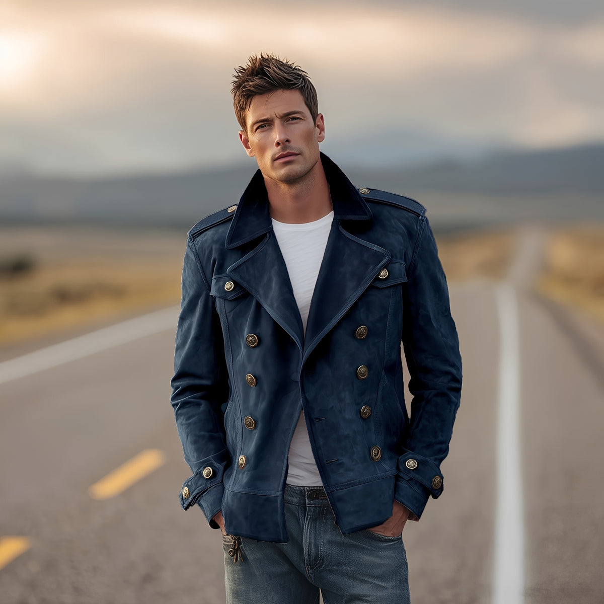 Herren Doppelt geknöpfte Pea Coat Jacke mit Epauletten - Klassischer Schnitt