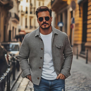 Herren Hemdjacke mit Hahnentritt-Muster und Knopfverschluss - Relaxed Fit