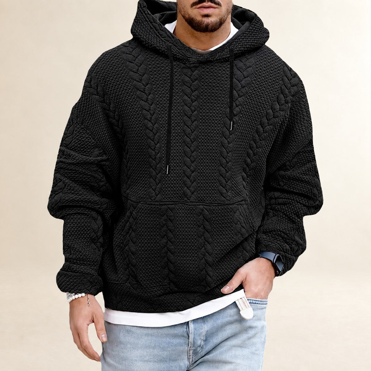 Herren Hoodie - Strukturmuster mit Kängurutasche, Lockere Passform
