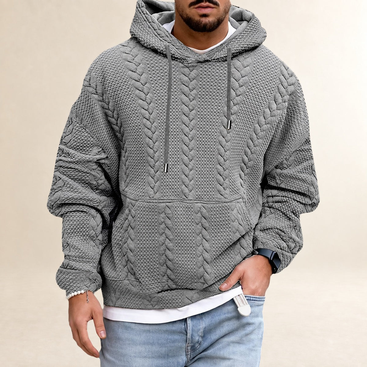 Herren Hoodie - Strukturmuster mit Kängurutasche, Lockere Passform