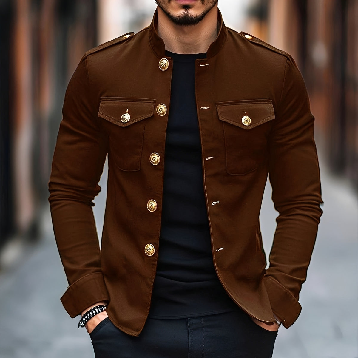 Herren Militärstil Button Jacke - Stehkragen, Langarm