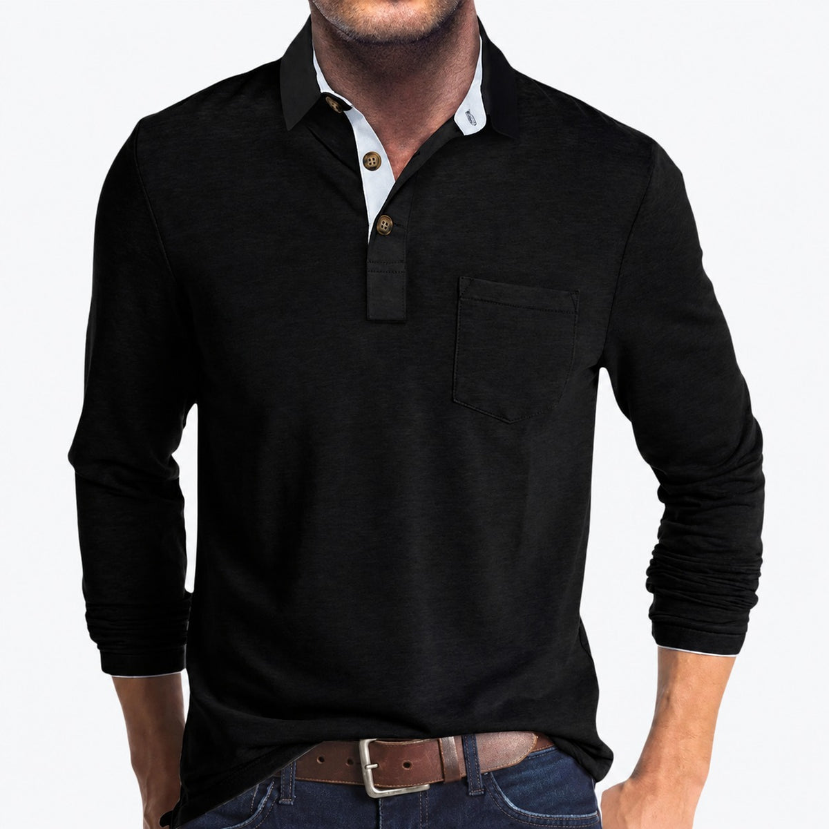 Herren Polo mit Langarm, klassische Knopfleiste, Brusttasche, taillierte Passform