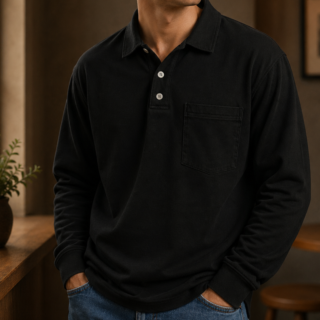 Herren Poloshirt Langarm mit Knopfleiste und Brusttasche - Regulärer Schnitt