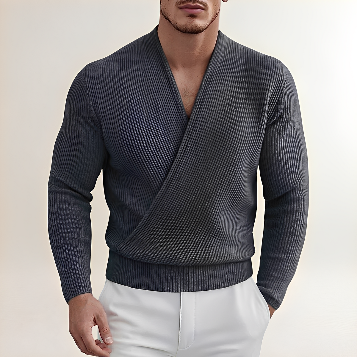 Herren Pullover mit Rippenstruktur und schrägem Kreuzknopfverschluss