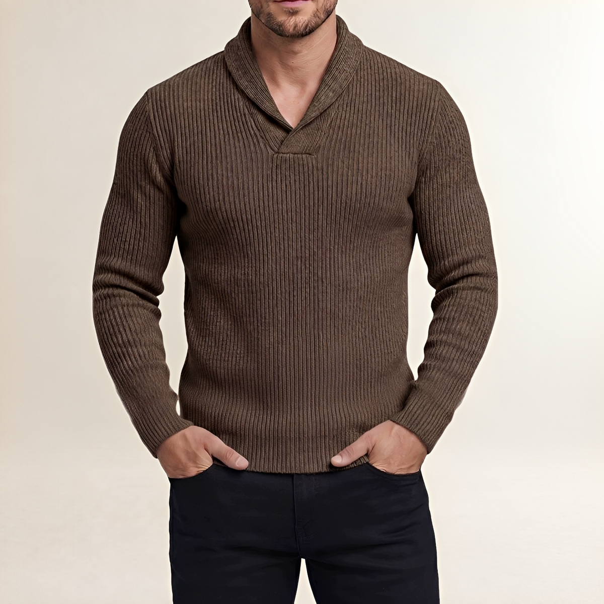 Herren Pullover mit Schalkragen, Rippenmuster und schmaler Passform