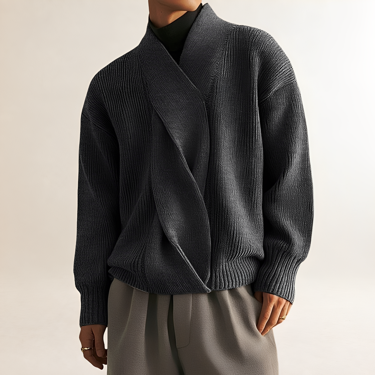 Herren Pullover mit Wickeldesign, Rippstruktur und V-Ausschnitt
