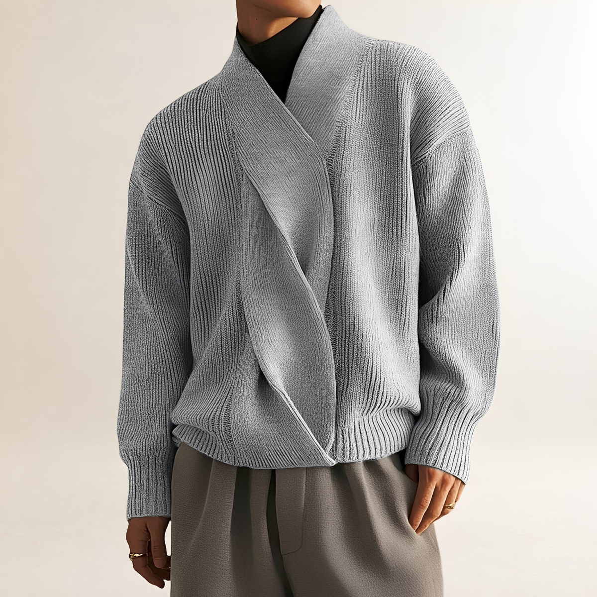 Herren Pullover mit Wickeldesign, Rippstruktur und V-Ausschnitt