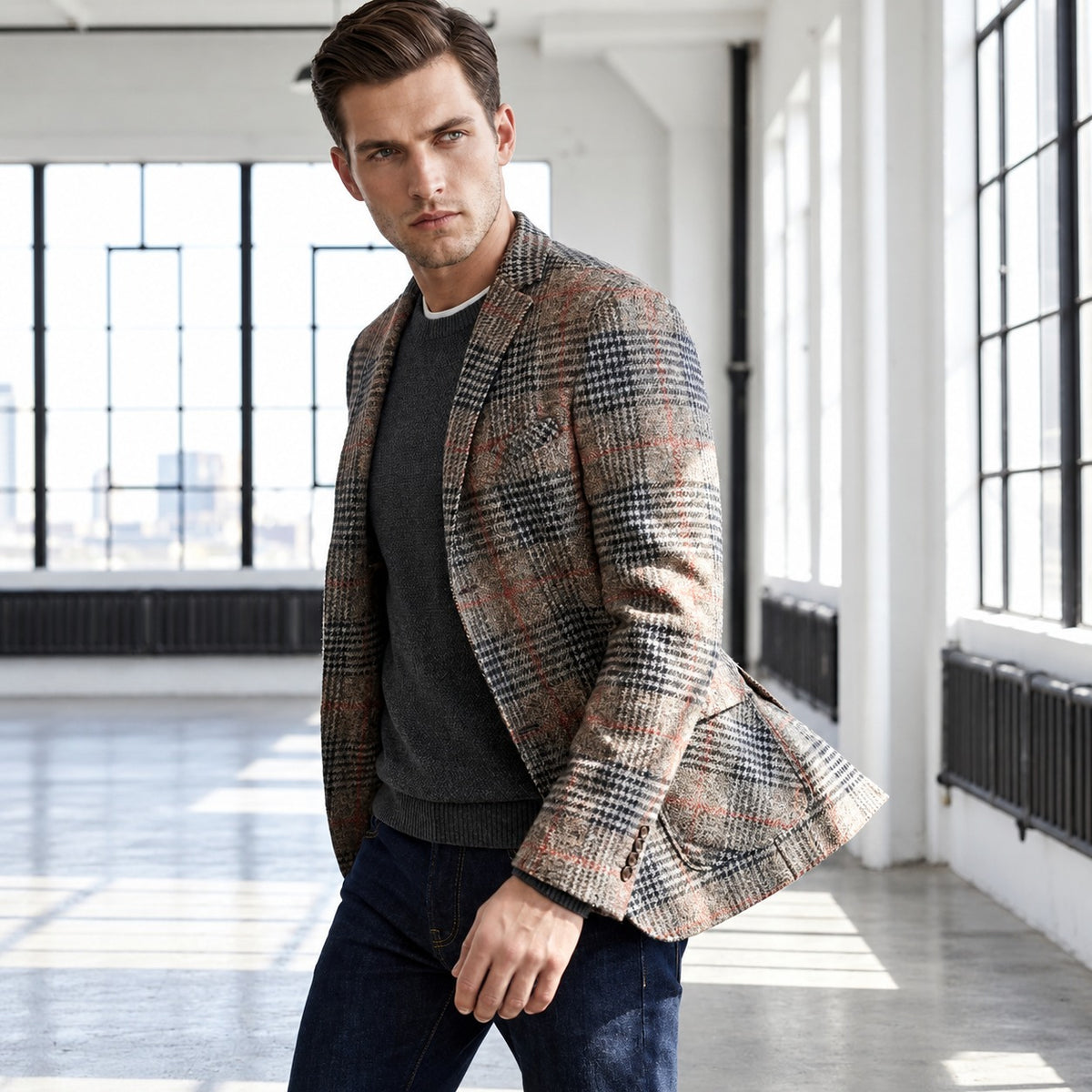 Herren Sakko mit Glen-Check-Muster, lockerer Schnitt, Soft-Shoulder-Design