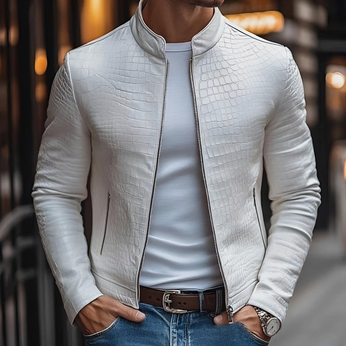 Herren Slim Fit Stehkragen Jacke mit strukturierter Oberfläche und Reißverschluss