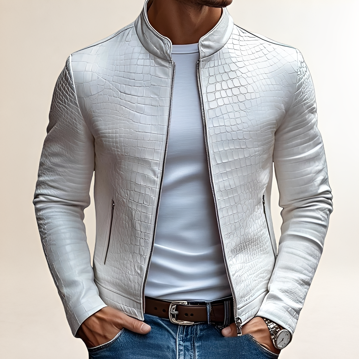 Herren Slim Fit Stehkragen Jacke mit strukturierter Oberfläche und Reißverschluss