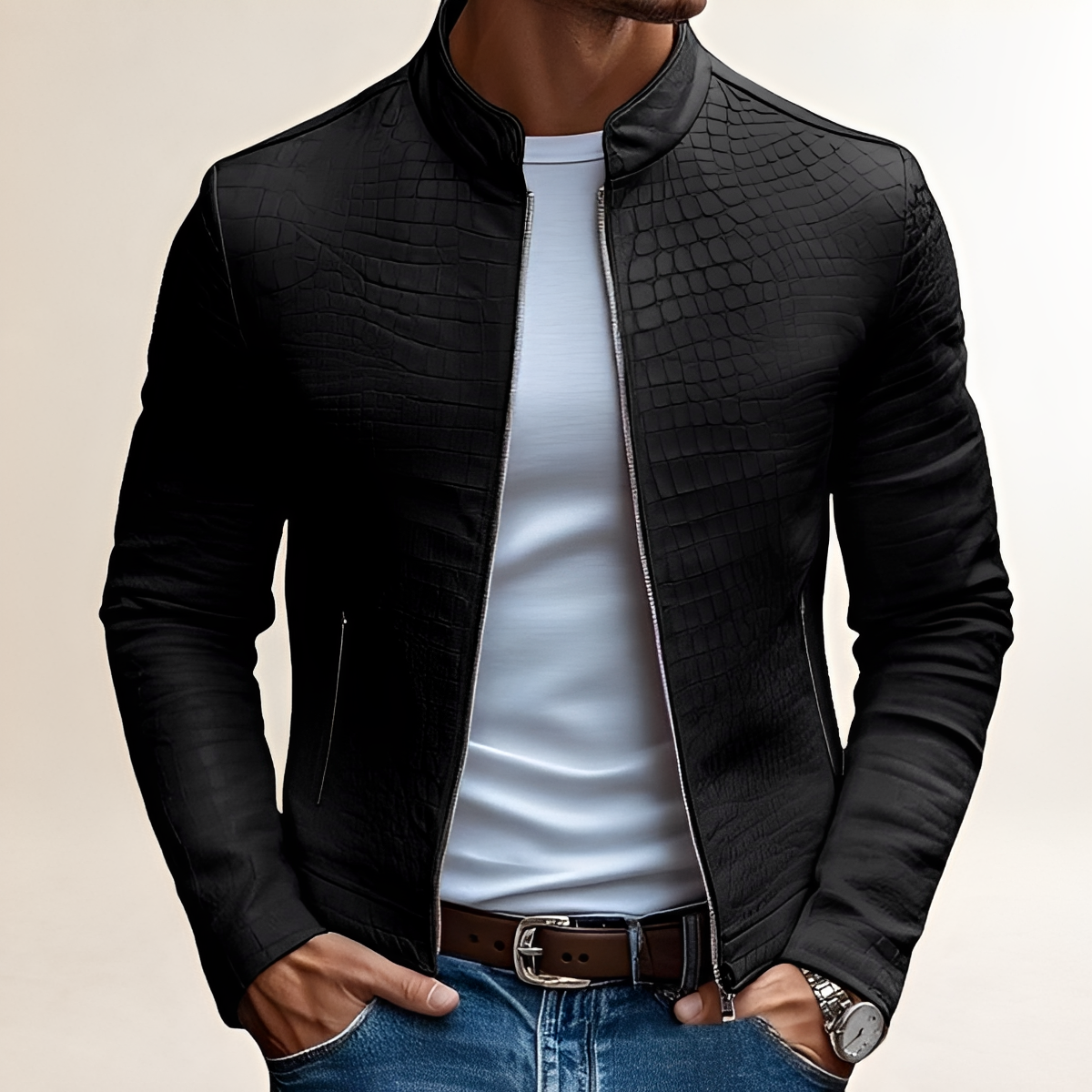 Herren Slim Fit Stehkragen Jacke mit strukturierter Oberfläche und Reißverschluss