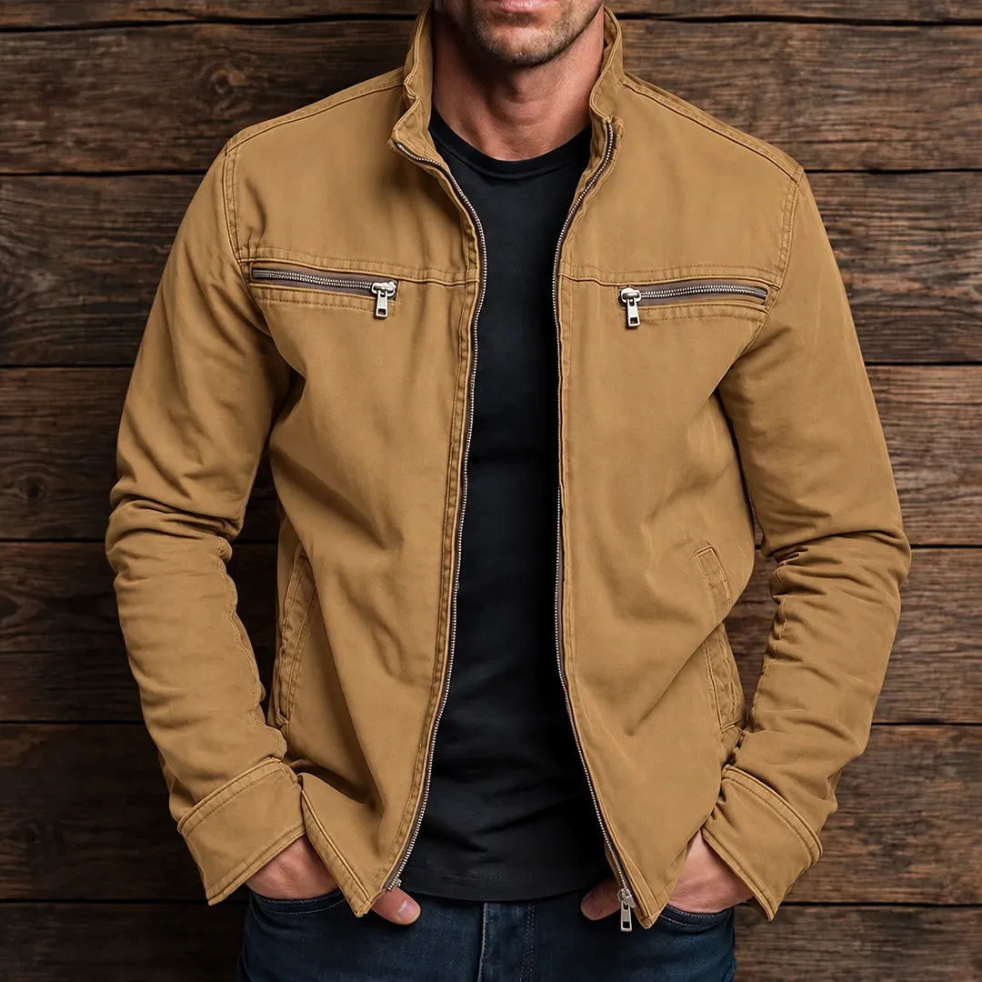 Herren Stehkragenjacke - Reißverschluss, Zwei Brusttaschen, Reguläre Passform