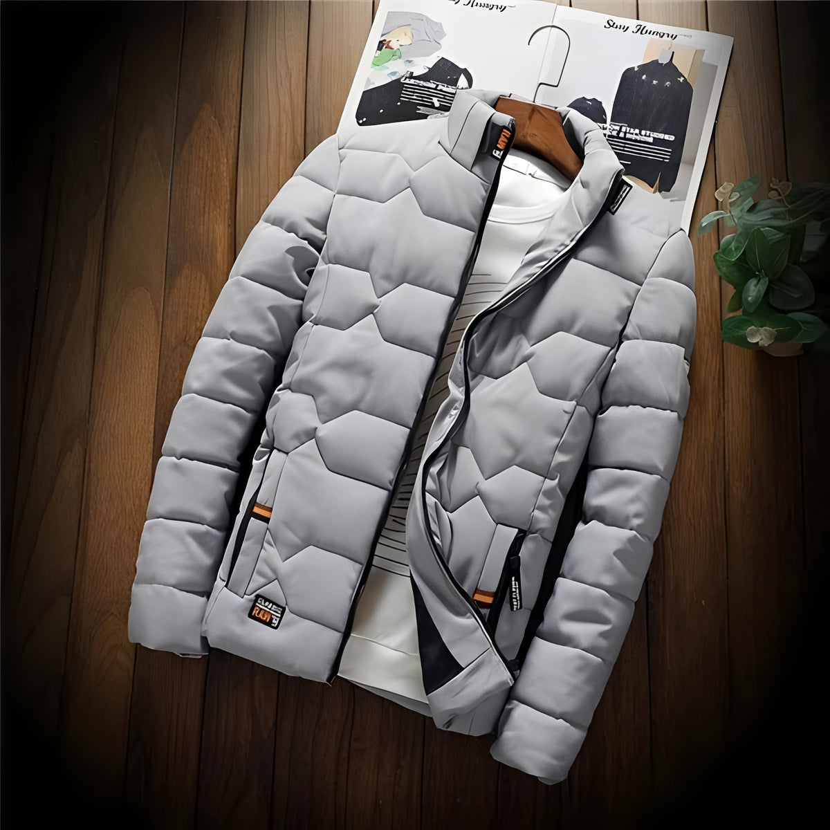 Herren Steppjacke mit geometrischer Steppung, Reißverschlusstaschen und Stehkragen