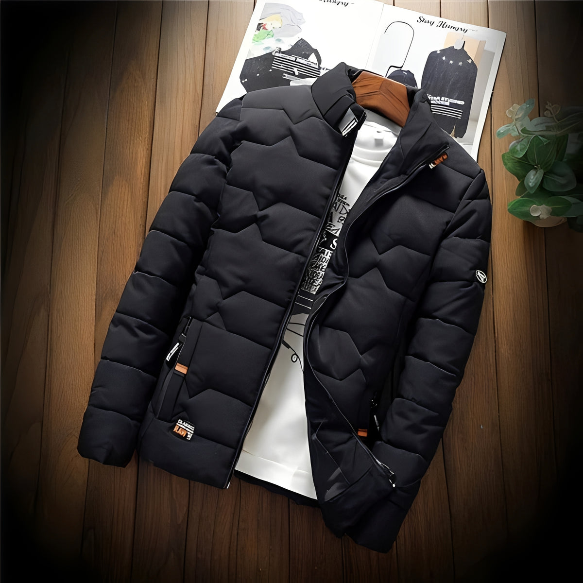 Herren Steppjacke mit geometrischer Steppung, Reißverschlusstaschen und Stehkragen