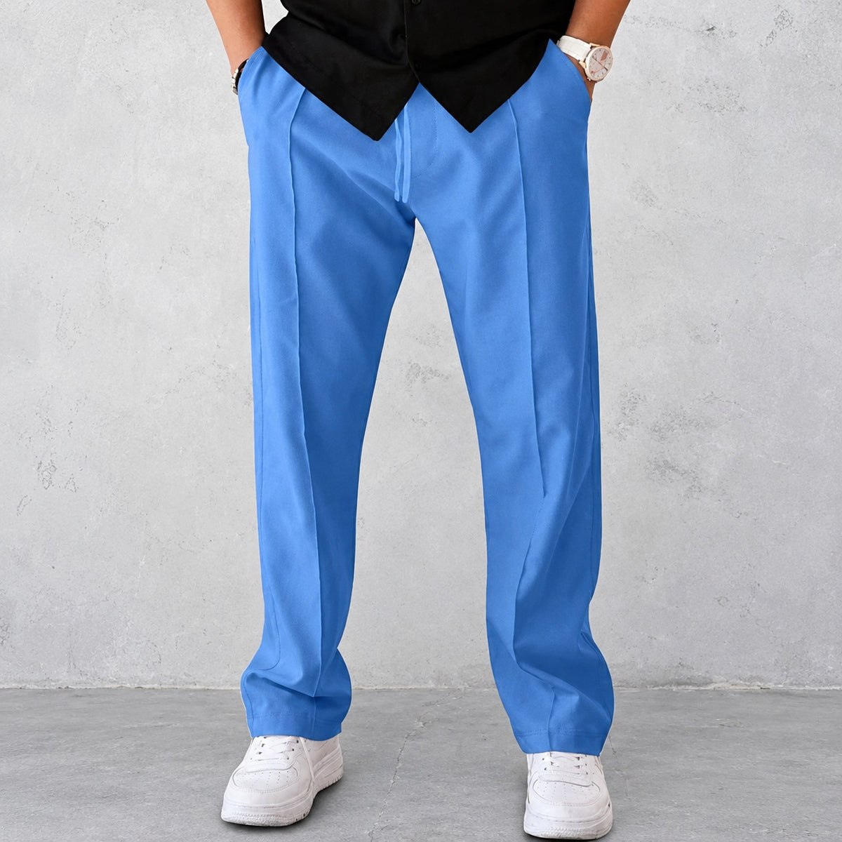 Herren Stoffhose mit Falten, elastischem Bund und Seitentaschen