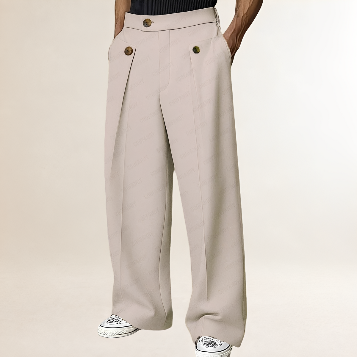 Herren Weite-Hose - Hoher Bund mit Knopfdetail und Falten, Lockere Passform