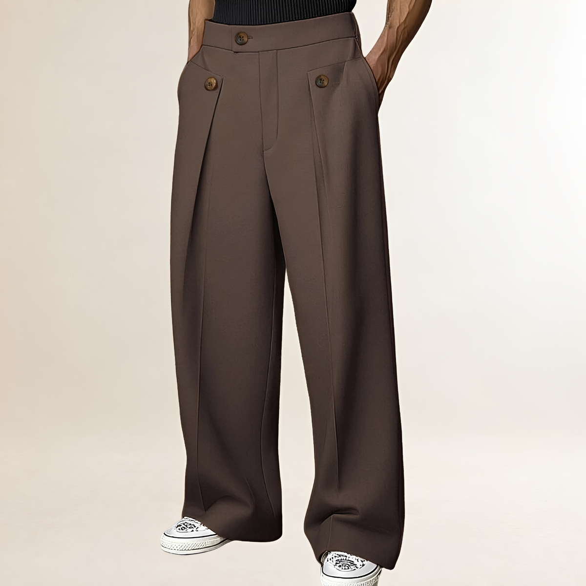 Herren Weite-Hose - Hoher Bund mit Knopfdetail und Falten, Lockere Passform