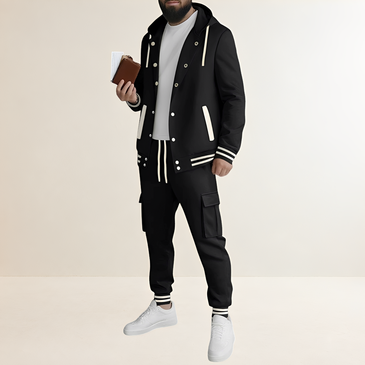 Herrensportset Hooded Jacke mit Knopfverschluss und Cargo-Hosen