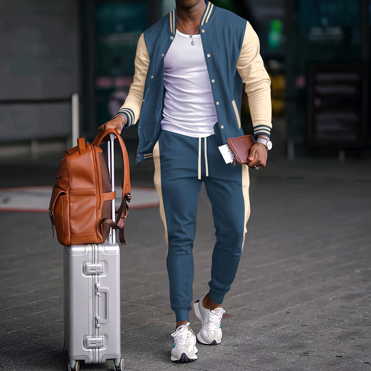 Herrensportset mit Farbblock-Collegejacke und Jogginghose - Regular Fit