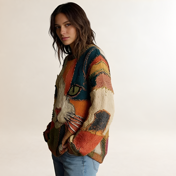 Oversized Pullover für Damen - Künstlerisches Katzenmotiv mit buntem Muster