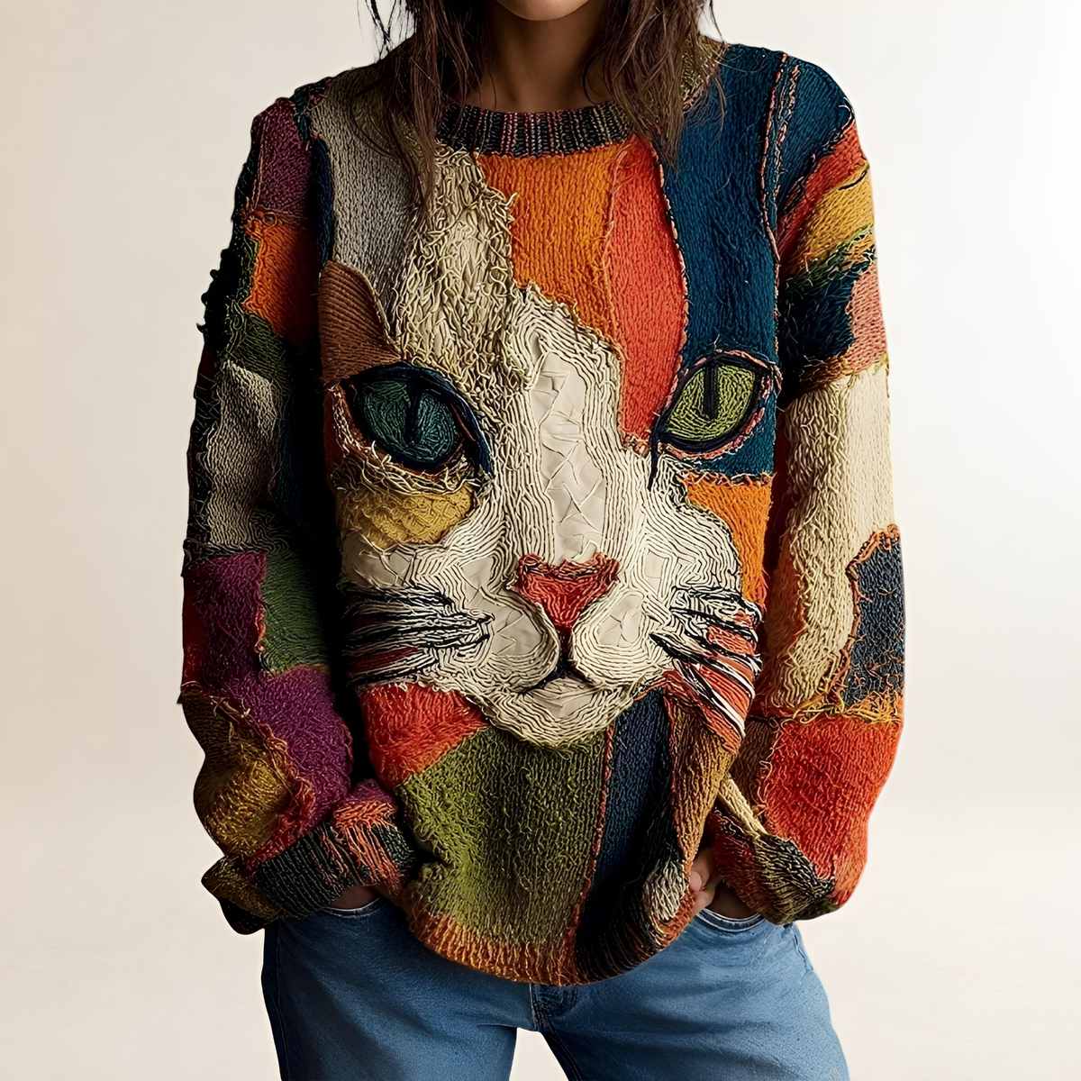 Oversized Pullover für Damen - Künstlerisches Katzenmotiv mit buntem Muster