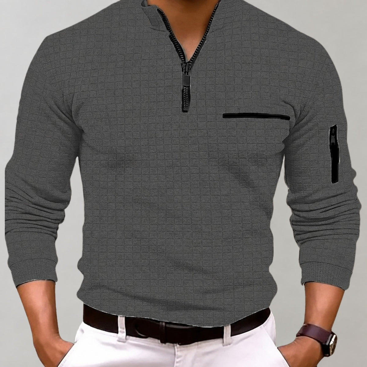 Sweatshirt für Herren mit Reißverschluss und Brusttasche - Langarm, enger Schnitt