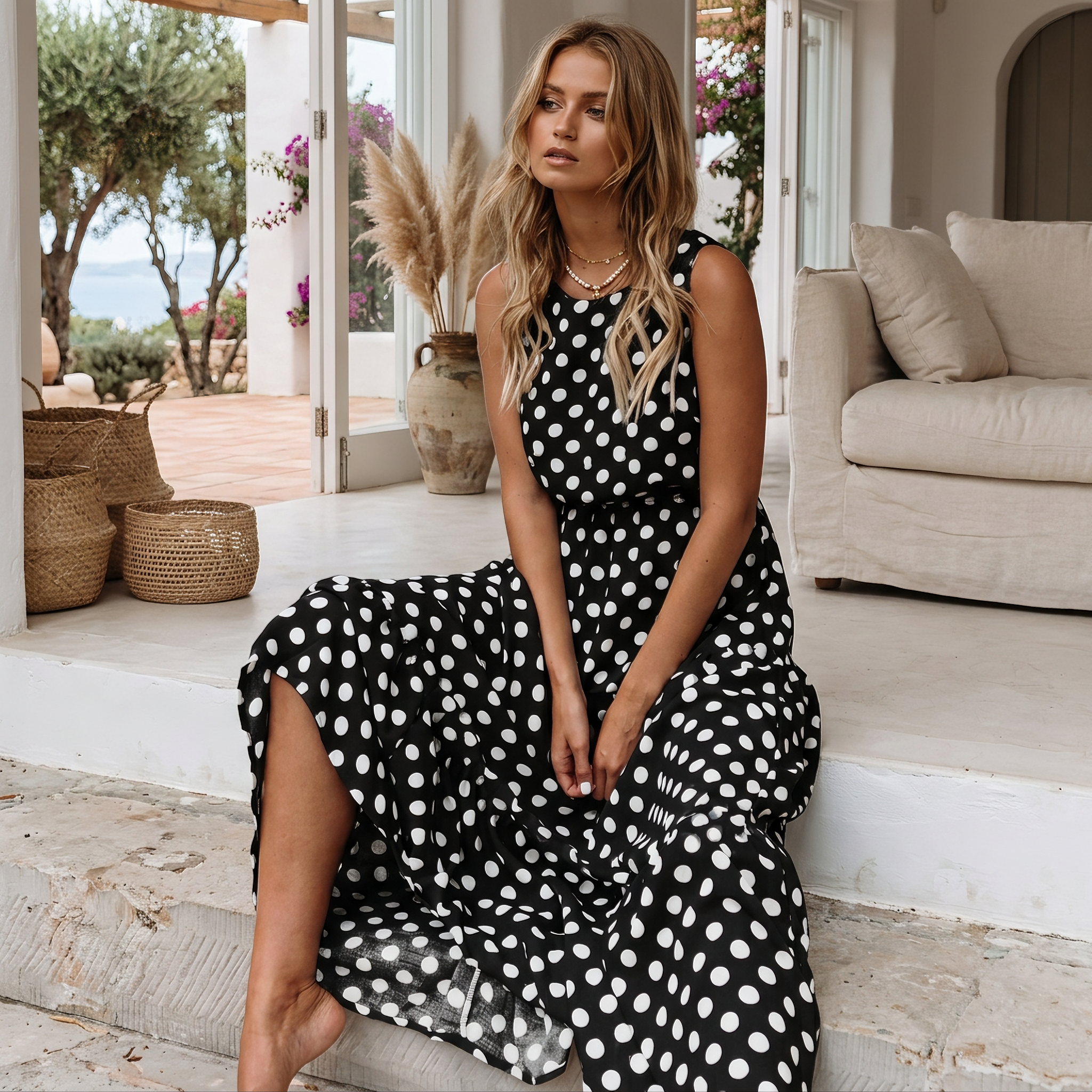 Edith - Lockeres ärmelloses Kleid mit Polka Dots